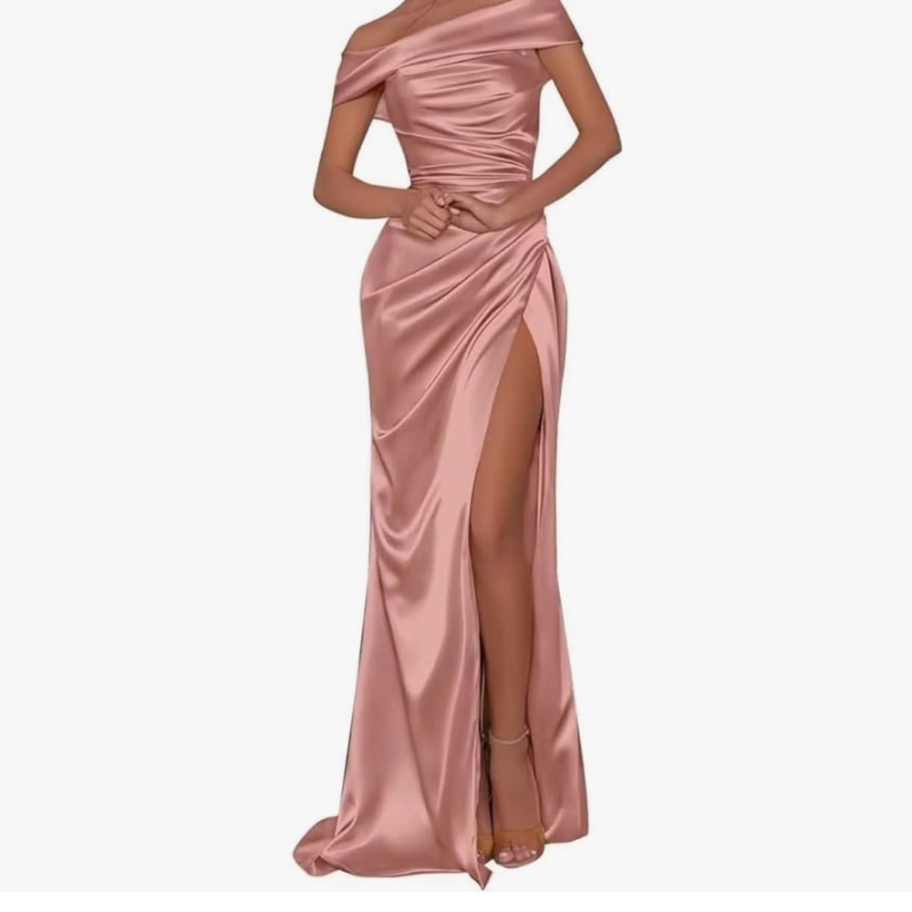 Women’s Off The Shoulder Bridesmaid Dress with Slit Long Ruched Satin - NWT
